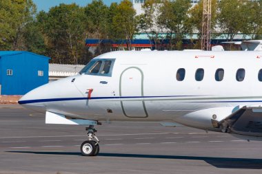KHABAROVSK, RUSSIA - SEP 29, 2018: Hawker Siddeley HS-125-700A RA-02809 Weltall-Avia stands in Khabarovsk airport.