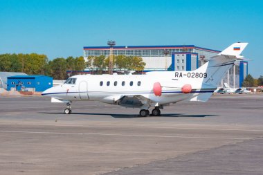 KHABAROVSK, RUSSIA - SEP 29, 2018: Hawker Siddeley HS-125-700A RA-02809 Weltall-Avia stands in Khabarovsk airport.
