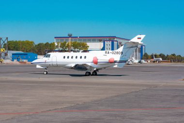 KHABAROVSK, RUSSIA - SEP 29, 2018: Hawker Siddeley HS-125-700A RA-02809 Weltall-Avia stands in Khabarovsk airport.