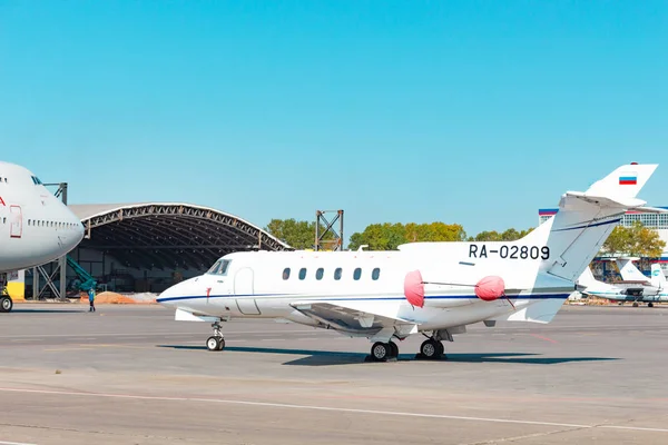 KHABAROVSK, RUSSIA - SEP 29, 2018: Hawker Siddeley HS-125-700A RA-02809 Weltall-Avia stands in Khabarovsk airport.