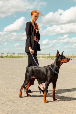 Khabarovsk, Rusya - Sep 09, 2018: Kızıl saçlı ve sokakta bir doberman olan moda kızı.