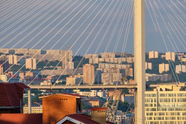 Vladivostok, Rusya - Haziran 01, 2020: Golden Swarm Bay 'deki köprünün akşam manzarası. Yazın deniz kenti plajı.