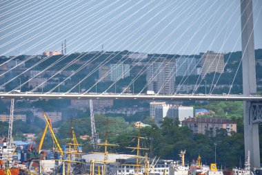 Vladivostok, Rusya - 11 Haziran 2020: Golden Swarm Bay 'deki köprünün akşam manzarası. Yazın deniz kenti plajı.