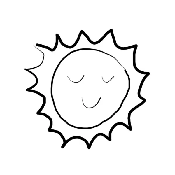 Sol con la mano Funnyface dibujado, icono de dibujos animados, fondo blanco — Foto de Stock