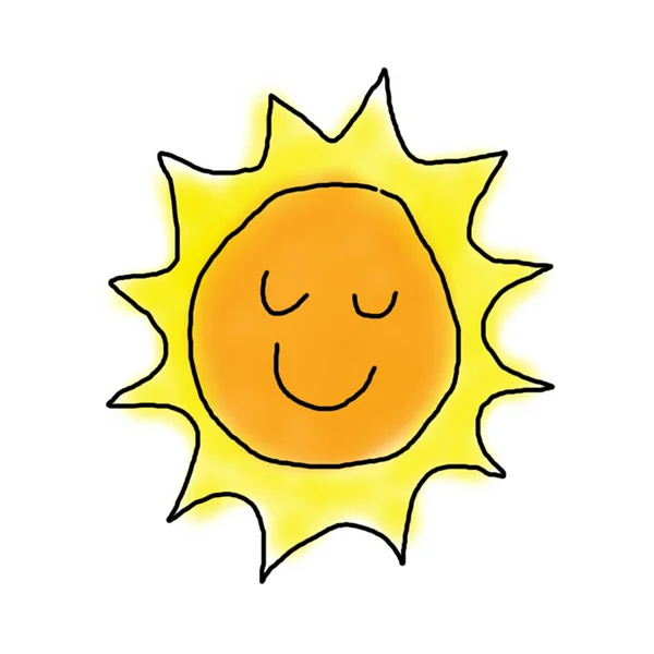 Солнце с нарисованной рукой, иконка мультфильма, белый фон — стоковое фото