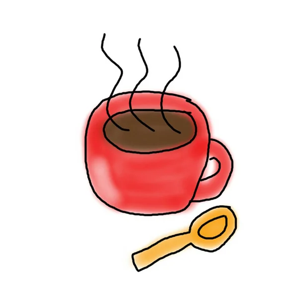 Tazza di caffè rosso caldo con cucchiaio disegnato a mano, icona del cartone animato, bianco — Foto Stock