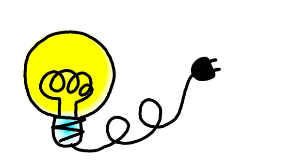 Glödlampa idé, handritad, ikon tecknad, vit bakgrund — Stockfoto