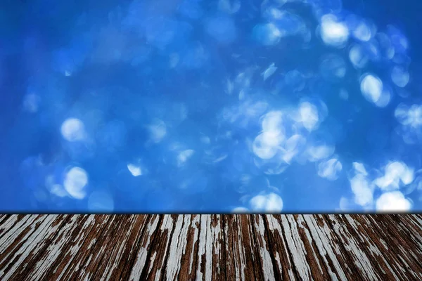 Wooden Table with Blue Bokeh Light Texture Background , Shiny Su
