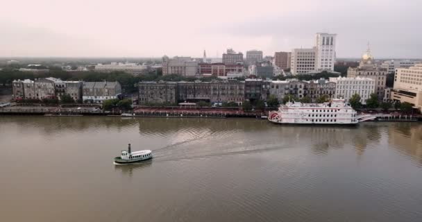 Ferry Boats Move Savannah River Downtown — Stock Video