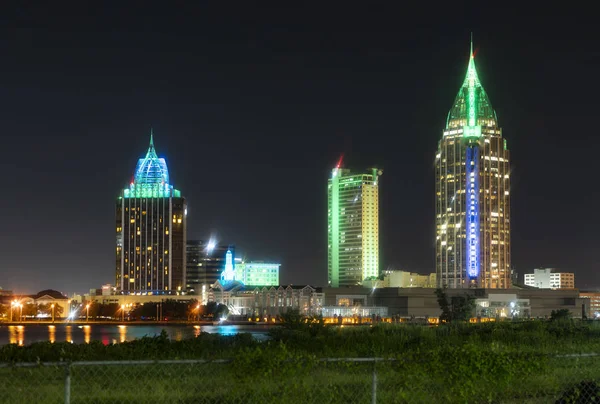 The US port city of Mobile seen here at night has a busy port on the Alabama gulf coast and a clean downtown
