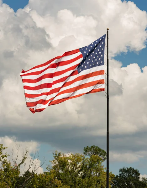 Sun Hits United States American Flag Waves Wind Partly Cloudy — Stock Photo, Image