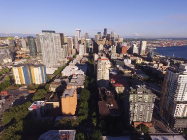 Puget Sound ve Seattle şehir şehir manzarası arkasındaki uzaktan Mount Rainer çıkmaktadır