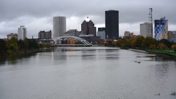 Traffic Crosses River Arch Bridge Downtown Rochester New York — Stock Video