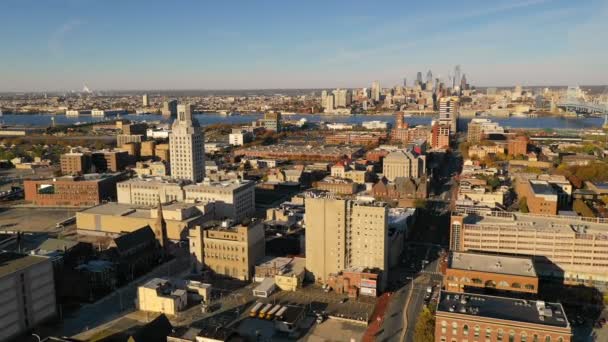 Aerial View Camden New Jersey Downtown Skyline Philadelphia — стоковое видео