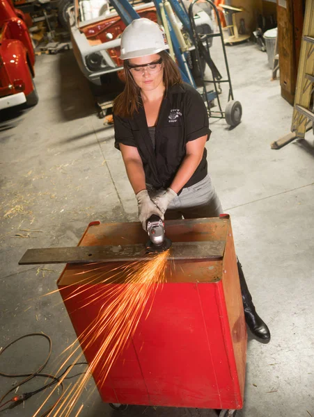 Sparks Fly Young Woman Grinds Piece Metal Hot Rod Shop — Stock Photo, Image