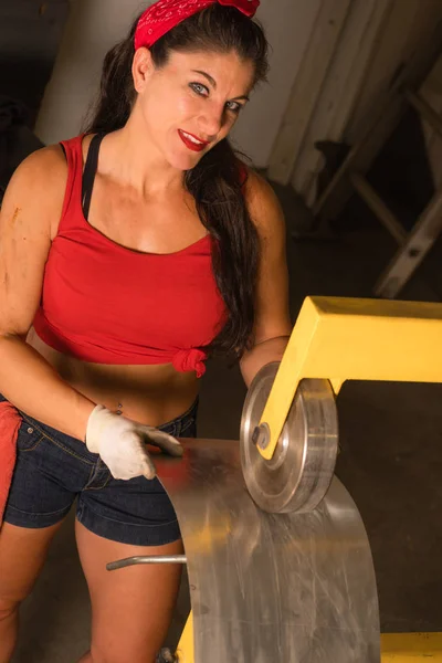 Woman Smiling Looks Camera While Working Piece Sheet Metal Shop — Stock Photo, Image
