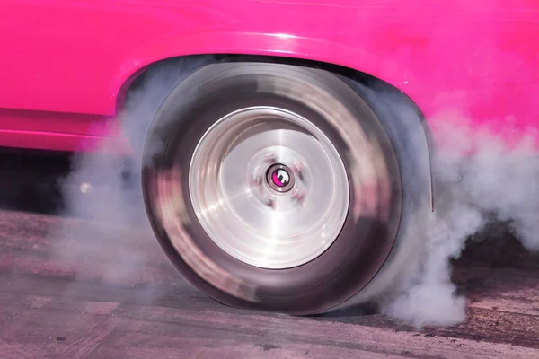 Pink Bodied Race Car Warms Tires Race Creating Smoke Burning — Stock Photo, Image