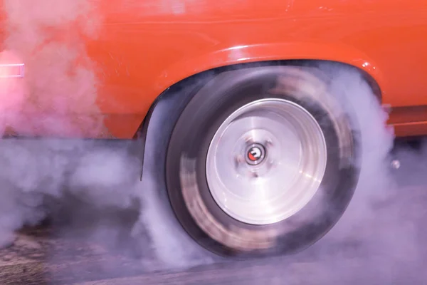 Orange Bodied Race Car Warms Tires Race Creating Smoke Burning — Stock Photo, Image
