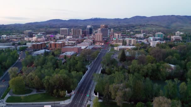 Légifelvételek Mozgó Felé Downtown Boise Idaho Főváros — Stock videók