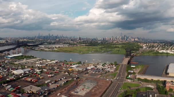 Hoge Luchtperspectief Stedelijke Stad Skyline Jersey City Manhattan — Stockvideo