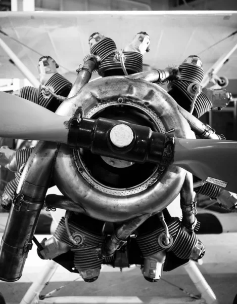 Black and White Prop Plane Seven Cylinder Engine — Stock Photo, Image