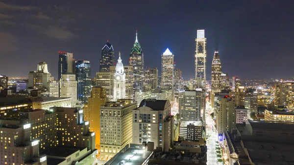 Nacht Innenstadt Innenstadt Philadelphia Wimpel Antenne — Stockfoto