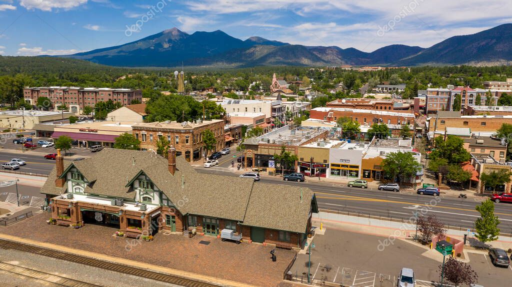 Cars trucks and motorcycles move along Route 66 in Flagstaff