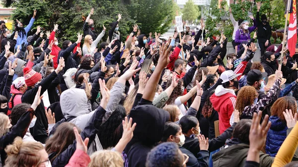 穆克霍特部落在美国奥本市政厅的台阶上安排了一次和平抗议活动 — 图库照片