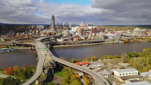 Vue Aérienne Statique Albany New York Downtown Skyline Highway Traffic — Video