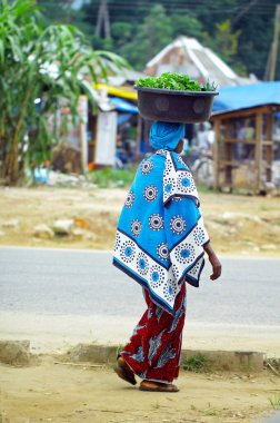 22 Mart. 2020, Afrika, Tanzanya, Morogoro: Koyu tenli kadın kafasında çim havzası taşıyor