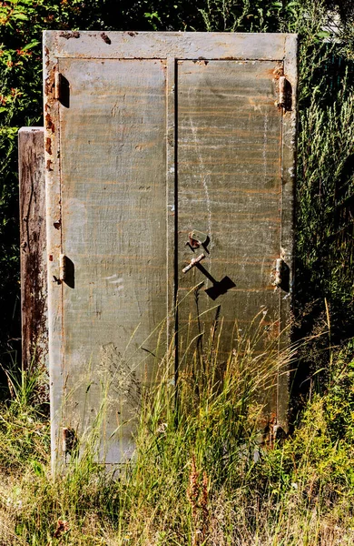 Gammal Metall Skåp Bland Gräs Sommaren Mysterium — Stockfoto