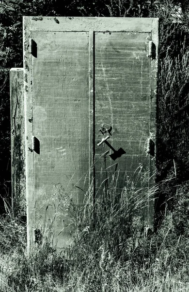 Gammal Metall Skåp Bland Gräs Sommardag Mysterium Sepia — Stockfoto