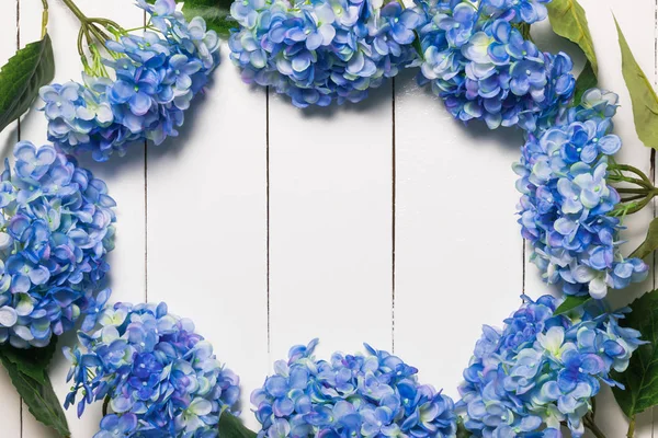 Blue Hydrangea Flowers White Wooden Texture Background Artificial Flowers — Stock Photo, Image