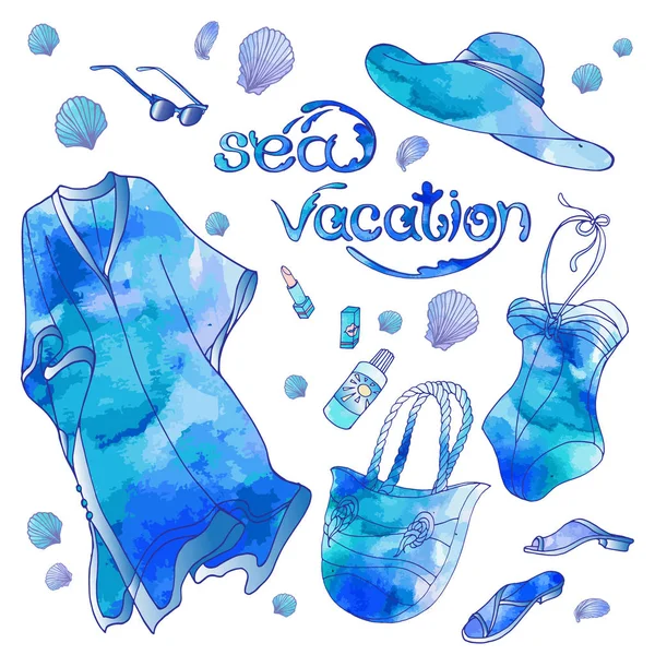 Sulu boya etkileri ile yaz deniz tatil vektör nesnelerini koydu.