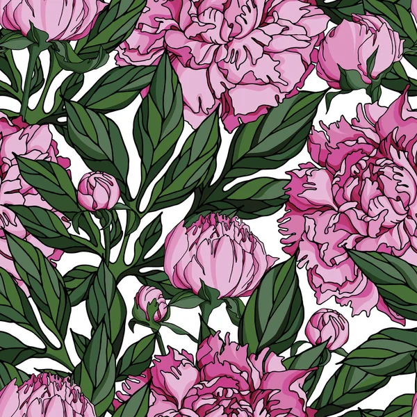 Seamless Vector Pattern Pink Peonies Green Leaves Floral Summer Design — Stock Vector