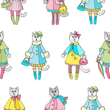 Vektör seamless modeli ile güzel kedicikler. O giyim elbise ve çanta kediler. Çocuk, kız için güzel bir tasarım.
