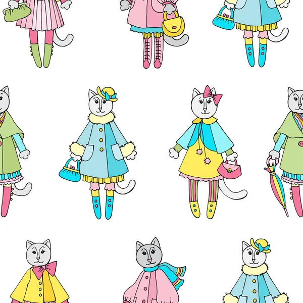 Vektör seamless modeli ile güzel kedicikler. O giyim elbise ve çanta kediler. Çocuk, kız için güzel bir tasarım.