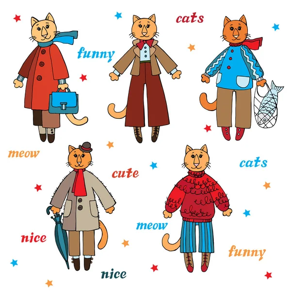 Vektör ile komik erkek giyim giysi kediler ayarlayın. Çocuklar için çocuklar için şirin tasarımı için öğeleri.