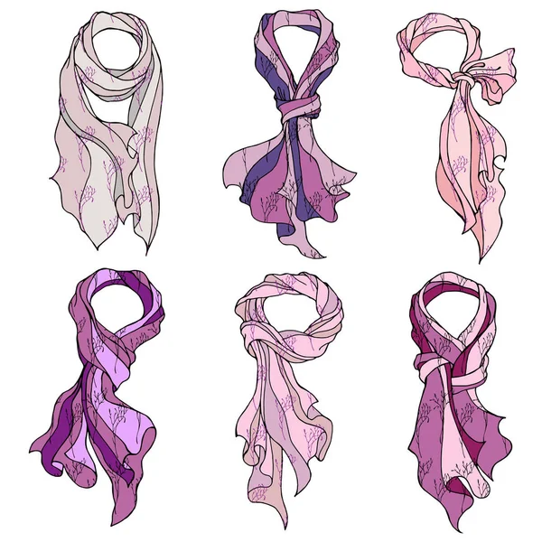 Vektör gerçekçi çizimleri Mor-pastel paleti ve farklı şekillerde kravat olabilir ipek eşarplar. Tasarım moda hakkında için öğeleri.