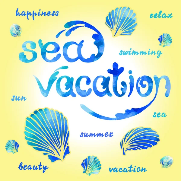 Vektör yaz tatili hakkında kelimelerin deniz ve stilize kabukları olarak ayarlamak.