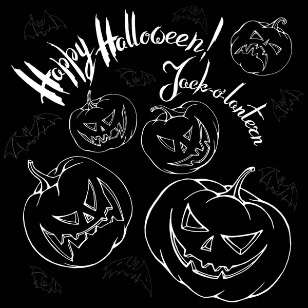 Cadılar Bayramı tasarım öğelerinin vektör ayarlayın. Doğrusal beyaz siyah arka plan üzerine. Balkabağı, yarasalar. Kelimeler.