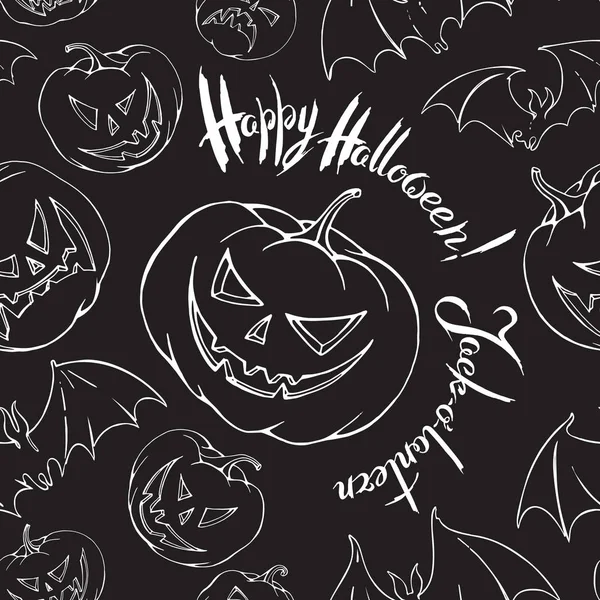 Cadılar Bayramı tasarım vektör Dikişsiz siyah-beyaz desen: pumpkinsbats, kelime.