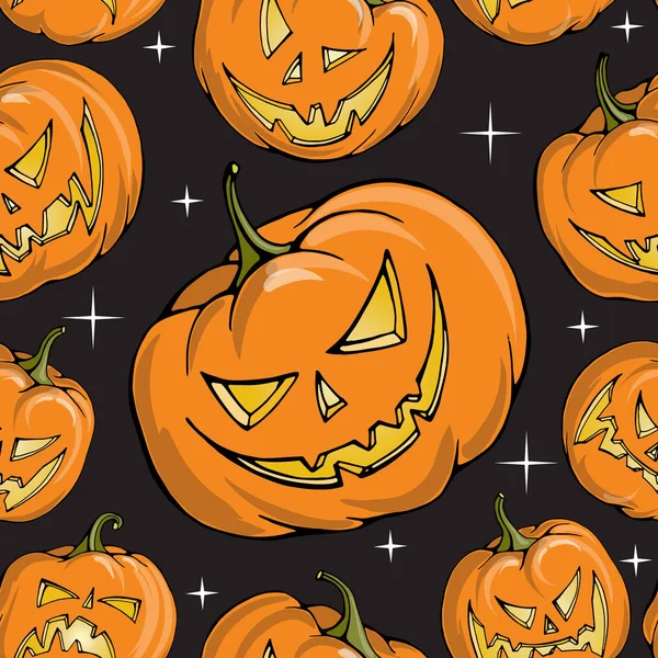 Cadılar Bayramı tasarım vektör seamless modeli: kabak Jack-o'-lantern ve siyah arka plan üzerine küçük yıldız