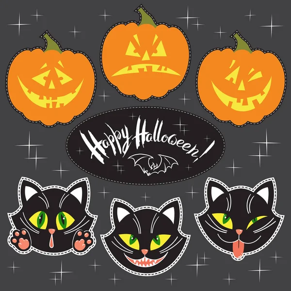 Etiketleri Cadılar Bayramı tasarım vektör ayarlayın. Kara kediler, kabak Jack-o'-lantern ve kelime 