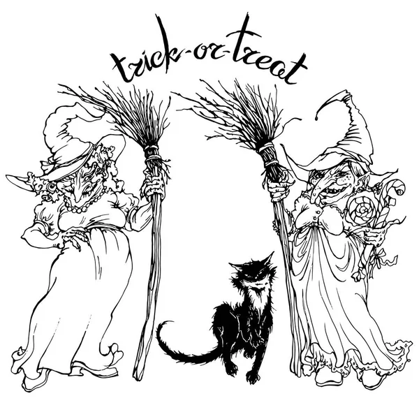 Vektör Cadılar Bayramı tasarımı için doğrusal unsurları: iki cadıları, siyah kedi ve kelime 