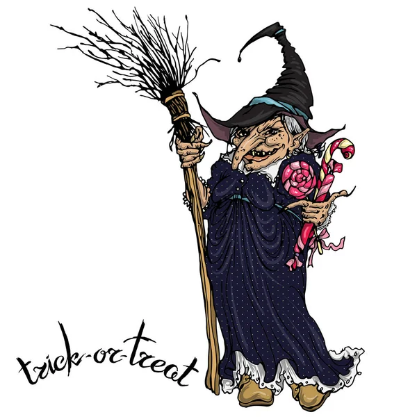 Cadılar Bayramı tasarımı için beyaz öğeler üzerinde izole vektör: çirkin cadı koyu mavi elbise ve siyah şapka giyiyor. Süpürge ve kelime 