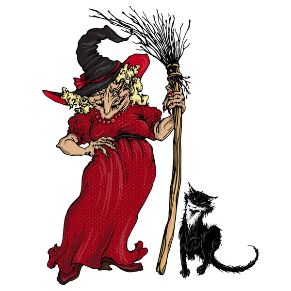 Cadılar Bayramı tasarımı için beyaz öğeler üzerinde izole vektör: süpürge ve kara kedi ile korkunç cadı ama komik.