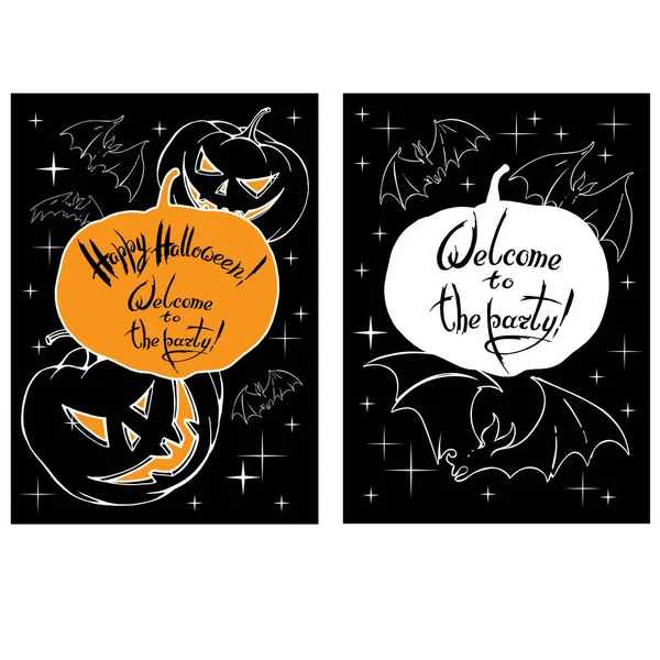 Vektör Cadılar Bayramı tasarım kartlarla: kabaklar siyah arka plan ve Cadılar Bayramı partisi hakkında söz. satır resmi yazı tahtası tebeşir gibi