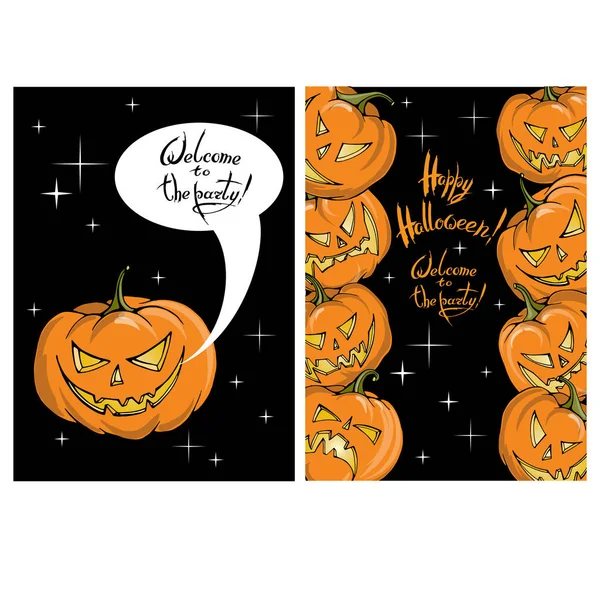 Vector Cards Halloween Design Pumpkins Black Background Words Halloween Party — Stock Vector