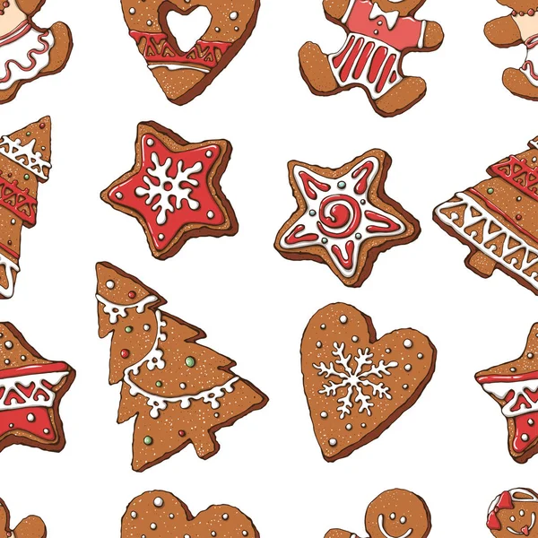 Vektor Nahtlose Muster Weihnachtsdesign Verschiedene Formen Von Lebkuchen Sterne Herzen — Stockvektor